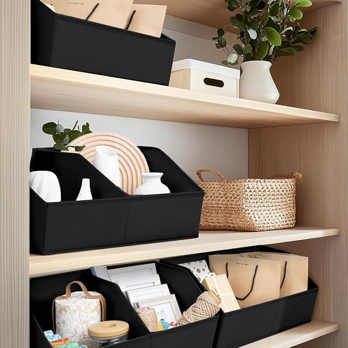 Homsorout Closet Organizers and Storage Bins - 6 Pack Collapsible Divided Trapezoidal Cube Storage Bins Baskets with Orange Handle for Organizing Clothes Blankets, Toys, Books, Towels(Black)