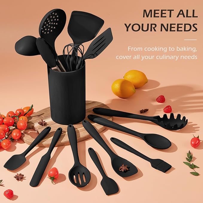 Silicone Cooking Utensil Set, Homikit 15pcs Kitchen Utensils with Holder for Nonstick Cookware, Heat Resistant Nontoxic Silicone Spatula Set Dishwasher Safe Kitchen Tools for Baking-Black