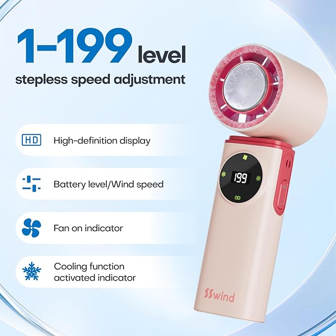 6000mAh Portable Handheld Fan with Ice Cooling, 199 Levels Stepless Speed, 20H Long Battery Life, 20000RPM Turbo Fan Rechargeable Personal Mini Fan for Travel, Outdoor, Makeup (Pink)