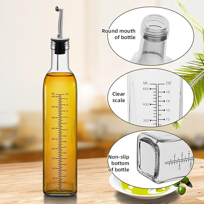1 Pc 17oz Olive Oil Dispenser Bottle,500ml Glass Oil and Vinegar Dispenser Set with 1 Stainless Steel Pourers,Funnel Oil Bottles for Kitchen (Clear Scale)