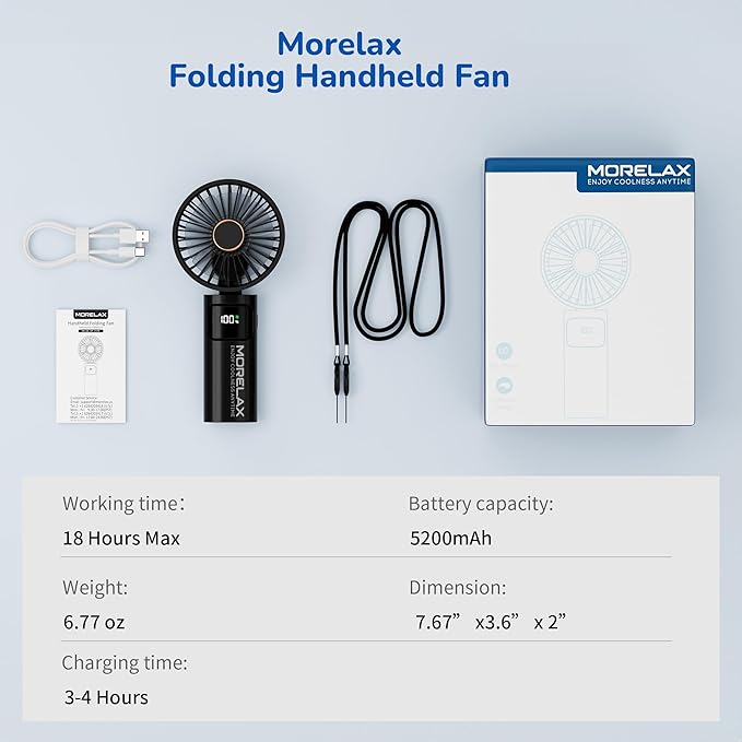 Portable Handheld Fan, USB Rechargeable Foldable Mini Personal Fan, 5200mAh, 180 Adjustable, 6 Speed Wind, 3 IN 1 Hand Cooling Desk Fan with LED Display for Home Office School Outdoor Travel, Black