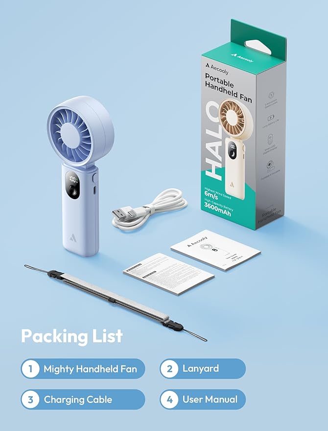 Aecooly Mighty Portable Handheld Fan | 20H Max Cooling Time | 3 Flexible Modes | 5 Speeds Wind | Battery Level Display | USB Rechargeable Mini Personal Battery Powered, Gifts for Women, Travel -Blue