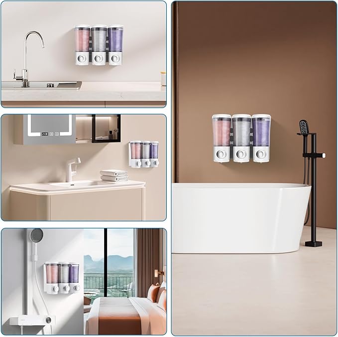 Shampoo Conditioner Body Wash Dispenser No Drill Shower Soap Dispenser Wall Mounted Shampoo Dispenser 3 Chamber with Upgrade Pump Head Bathroom Soap Dispenser 450ml/Each White