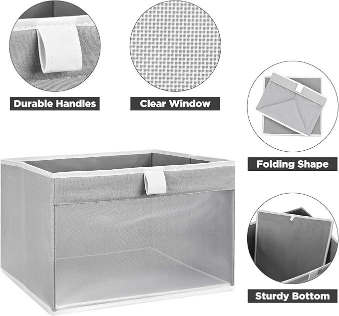 Linen Closet Organizers and Storage, Closet Storage Bins Basket Organizer, Foldable Organization Baskets with Mesh Window for Clothes Towels and Toys, 12.75" x 12.75" x 9", Gray, 2 pack