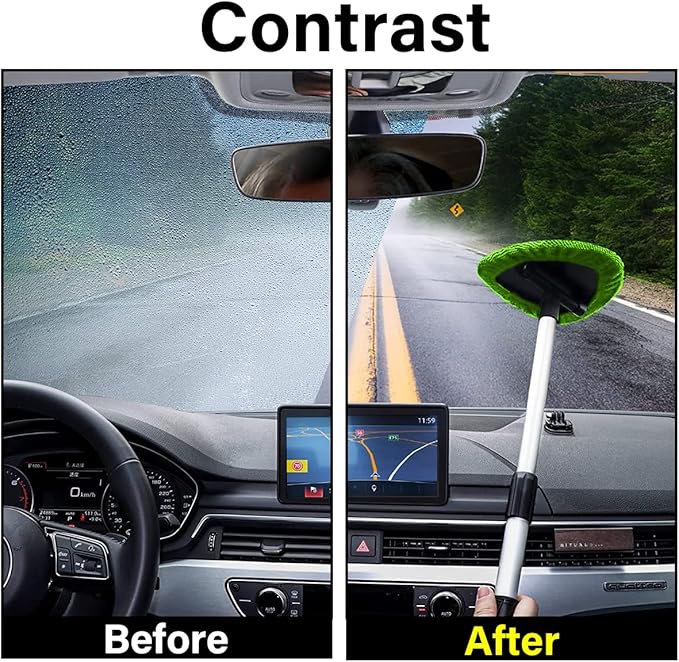 Windshield Cleaning Tool, Car Window Cleaner with 4 Washable Reusable Microfiber Pads, Extendable Long Handle Glass Wiper Cleaning Kit
