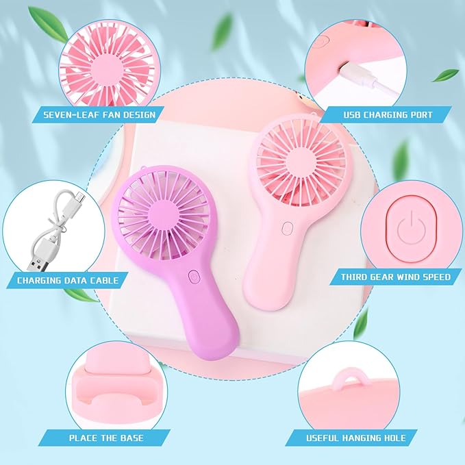 Woanger 12 Pcs Mini Handheld Fan Bulk 3 Speed USB Electric Battery Operated Small Portable Pocket Fan with Data Cable and Mounting Base Quiet Summer Gift(White, Pink, Blue, Black, Green, Purple)