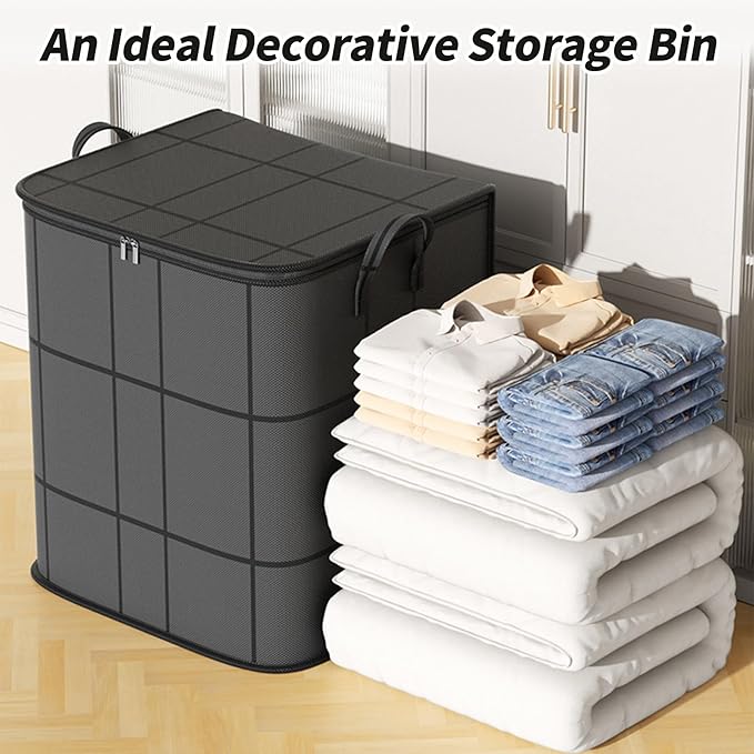 4 Pack Large Clothes Storage Bags, Comforter Storage organizers with lid, Clothing Storage Bins with Reinforced Handles, Sturdy Zippers, for Clothes & Bedding