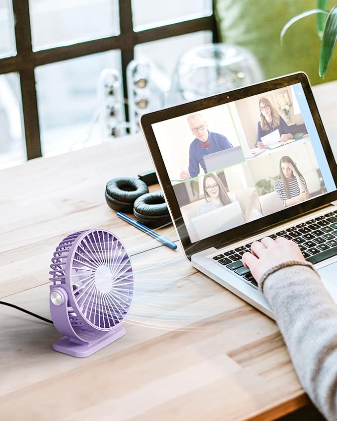 TriPole Desk Fan USB Powered Mini Portable Fan 3 Speeds Strong Airflow Small USB Fans 360°Rotation Personal Travel Fan 5.1 Inch for Home Office Table Bedroom Bedside Desktop, Purple, 4.9ft Cable