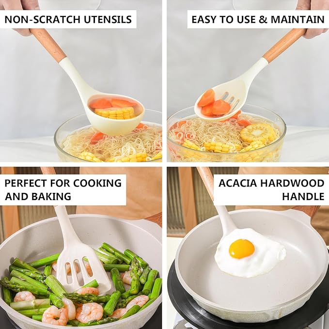 Silicone Kitchen Utensils Set of 5, Cooking Utensil Set with Heat Resistant Wooden Handle Non-Stick Silicone Spatula Spoon Turner Ladle, BPA FREE Cooking Kitchen Gadgets for Cookware & Baking