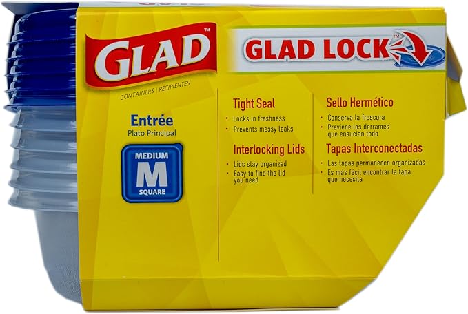 Glad GladWare Entree Food Storage Containers with Lids, Medium Square BPA Free Plastic for Meal Prep and Lunches, Lock Tight Seal