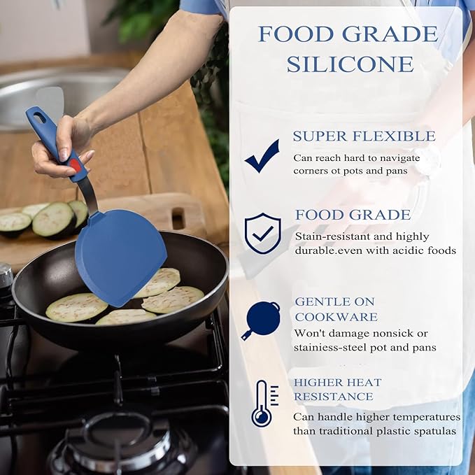 Tenta Kitchen Silicone Pancake Spatula Turner for Cooking and Baking- 600°F Heat Resistant Rubber Egg Spatulas (Blue Round Spatula)