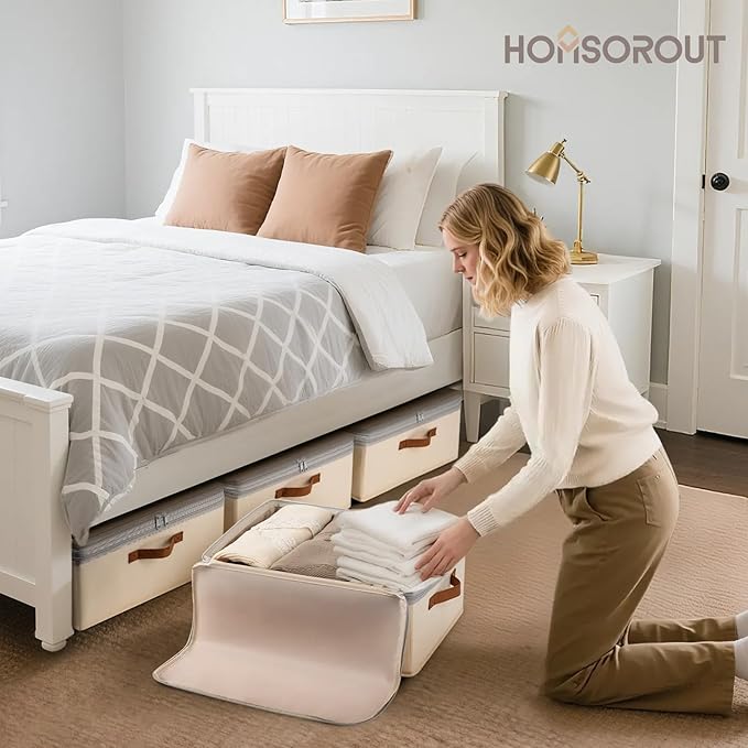 Homsorout Large Closet Storage Bins - Compression Organizer Bins, Stackable Closet Organizer, Expandable Under Bed Storage Containers for Clothes, Towels, Sheet, 4 Pack, Beige