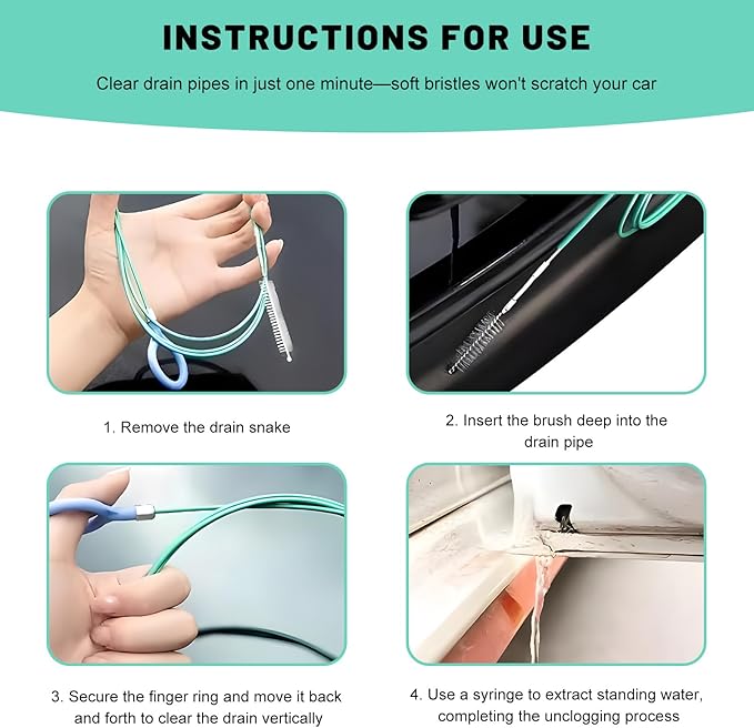 3 PCS Auto Sunroof Drain Cleaning Tool, 118 inches Flexible Auto Wire Cleaning Brush with Syringe Hose