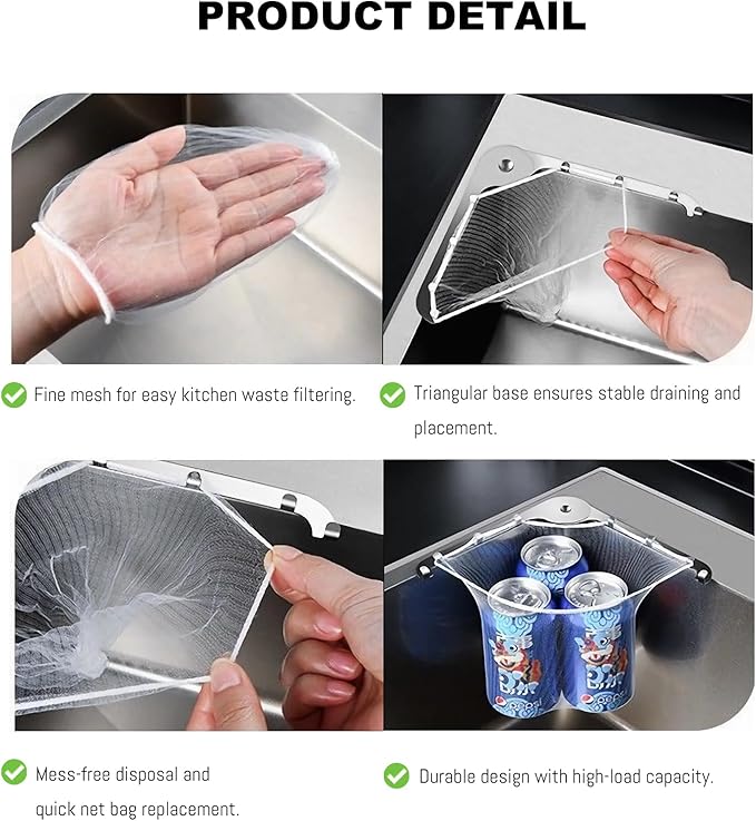 304 Stainless Steel Rust-Resistant Kitchen Sink Strainer Triangular Drain Basket with 100PCS Large Mesh Bags