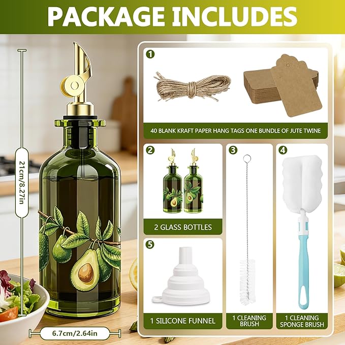 Olive Oil Dispenser Bottle for Kitchen, 12oz/350ml Extra Thick Glass Oil and Vinegar Cruet with Stainless Steel Pourer, Funnel & Cleaning Brush, Premium Oil Dispenser Set (Avocado)