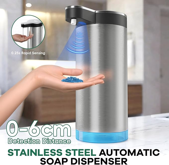 Automatic Soap Dispenser Touchless,Stainless Steel Hand Soap Dispenser,11.8oz/350ml,4 Adjustable Levels,USB Rechargeable,Desktop & Wall-Mounted Dual Use,for Kitchen & Bathroom,Liquid Black.