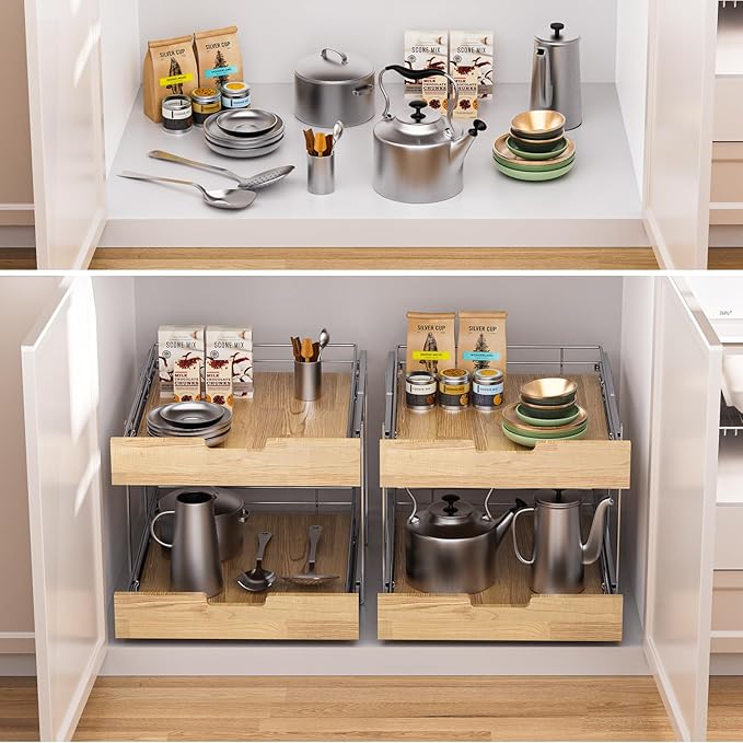 Sikarou Pull Out Cabinet Organizer, Heavy-Duty Slide Out Shelf, 2 Tie 14 * 21 in