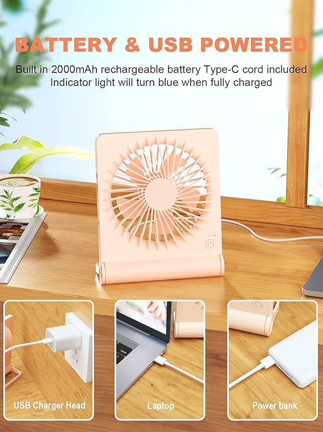 Small Desk Fan,Rechargeable USB Fan Battery Operated,Ultra Quiet, Strong Wind, 3 Speeds Travel Fans