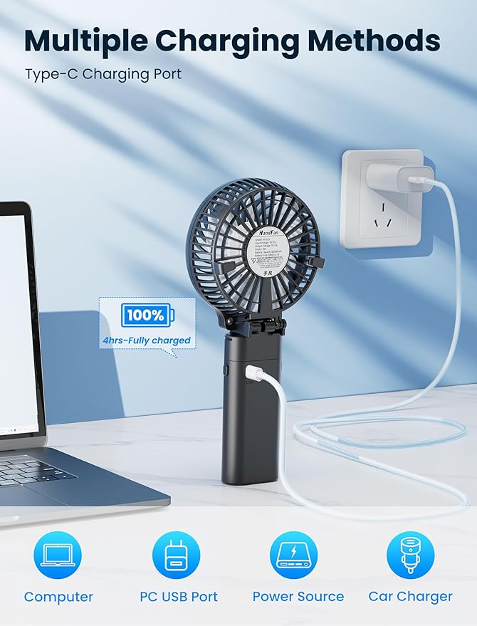HandFan 5200mAh Portable Handheld Fan, Personal Hand Held Fan USB Rechargeable, 180° Foldable,3 Speeds Strong Airflow Cooling Fan for Travel/Outdoors/Beach/Concerts/Disney/Games/Picnics/Park (Black)