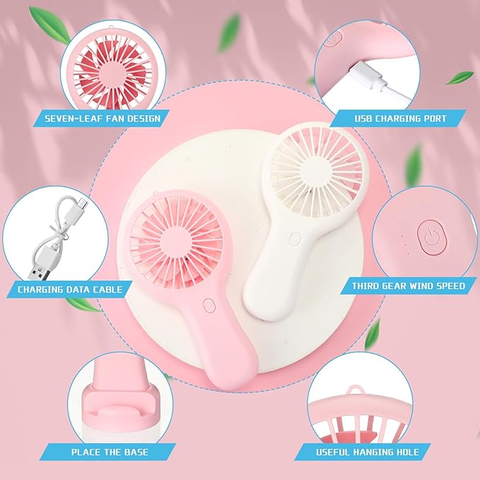 Woanger 12 Pcs Mini Handheld Fan Bulk 3 Speed USB Electric Battery Operated Small Portable Pocket Fan with Data Cable and Mounting Base Quiet Summer Gift for Wedding Camping Travel(Pink and White)
