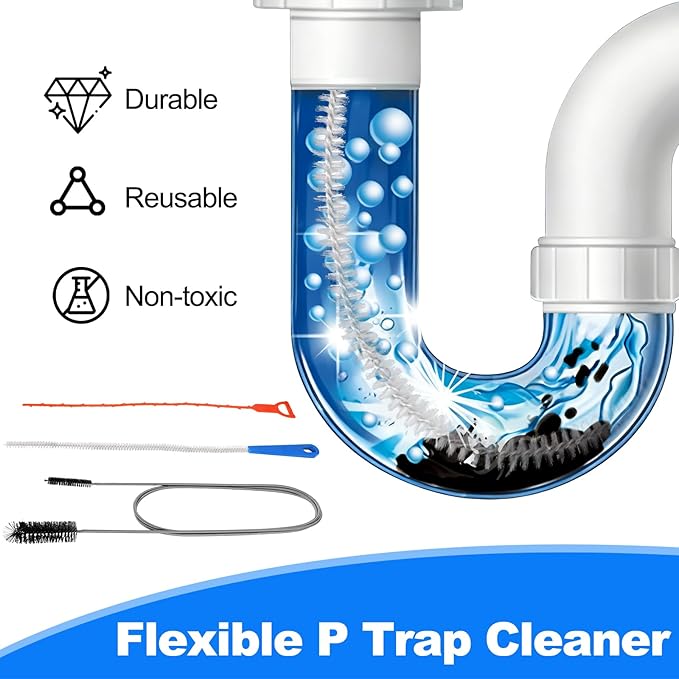 P Trap Cleaner Set,3 IN 1 P Trap Brush for Shower Kitchen Sink Bath Tub Bathroom,Including 20 Inch Drain Snake Remover,61 Inch Flexible Wire Brush