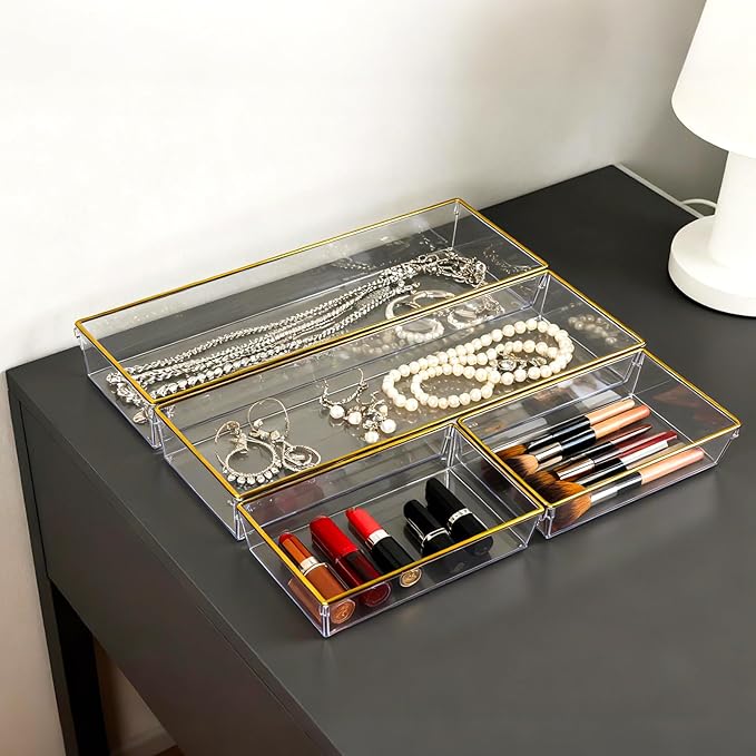 12 Pack Large Size Clear Stackable Drawer Organizer Trays, Gold Rim Makeup Drawer Storage Tray Divider, Desk Storage for Makeup, Jewelry, Bathroom