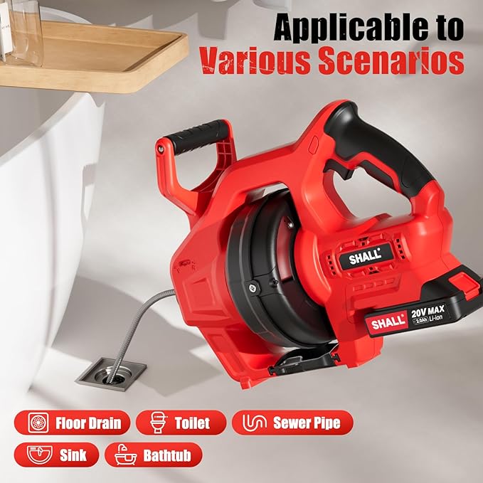 SHALL 20V Cordless Drain Auger with 25Ft Plumbing Drain Snake, Electric Snake Drain Hair Clog Remover W/ 2.0Ah Battery & Fast Charger