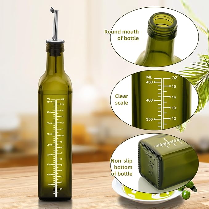 1 Pc 17oz Olive Oil Dispenser Bottle,500ml Glass Oil and Vinegar Dispenser Set with 1 Stainless Steel Pourers,Funnel Oil Bottles for Kitchen (Green Scale)