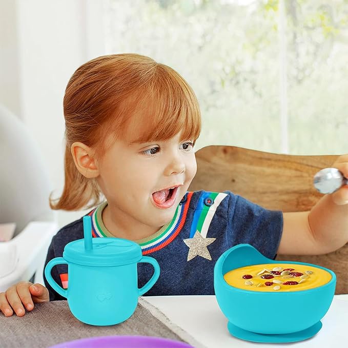 100% Silicone baby feeding set,BPA free Baby dishes set with Suction Bowl Divided Plate,Toddler Self Feeding Dish Set with Spoons Forks Sippy Cup And Bib, Baby Eating Utensils (Cyan Blue)