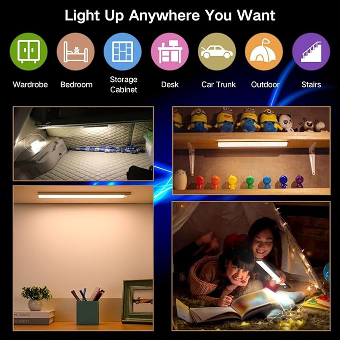 Motion Sensor Under Cabinet Lighting-Magnetic Rechargeable Closet Lights for Kitchen,Stairs,Wardrobe | 3-Color Dimmable LED Under Counter Lighting | Pro Battery Upgrade (2, 8 inch)
