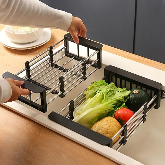 Aspasia Dish Drying Rack, Adjustable Stainless Steel Drainer Basket Drain Tray for Dish Vegetable Fruit, On Counter Dish Rack or in Sink Over Sink Kitchen, Black Basket Dish Drying Rack, Large