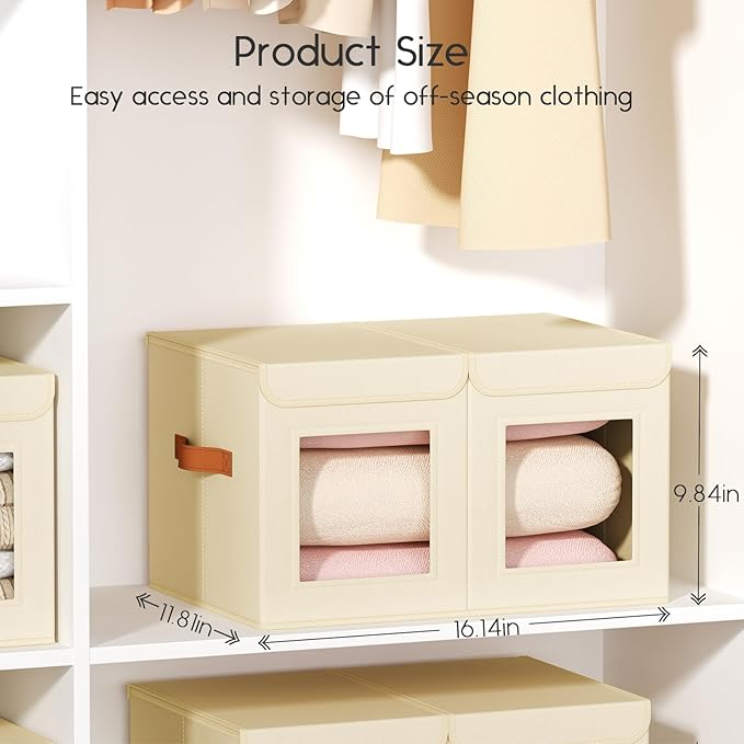 Homsorout Large Closet Storage Bins - Collapsible Divided Clothes Organizer with Lids & Dual Window, Fabric Organizing Bins for Clothes, Sweater, Bedroom, Office (Beige, 2 Pack)