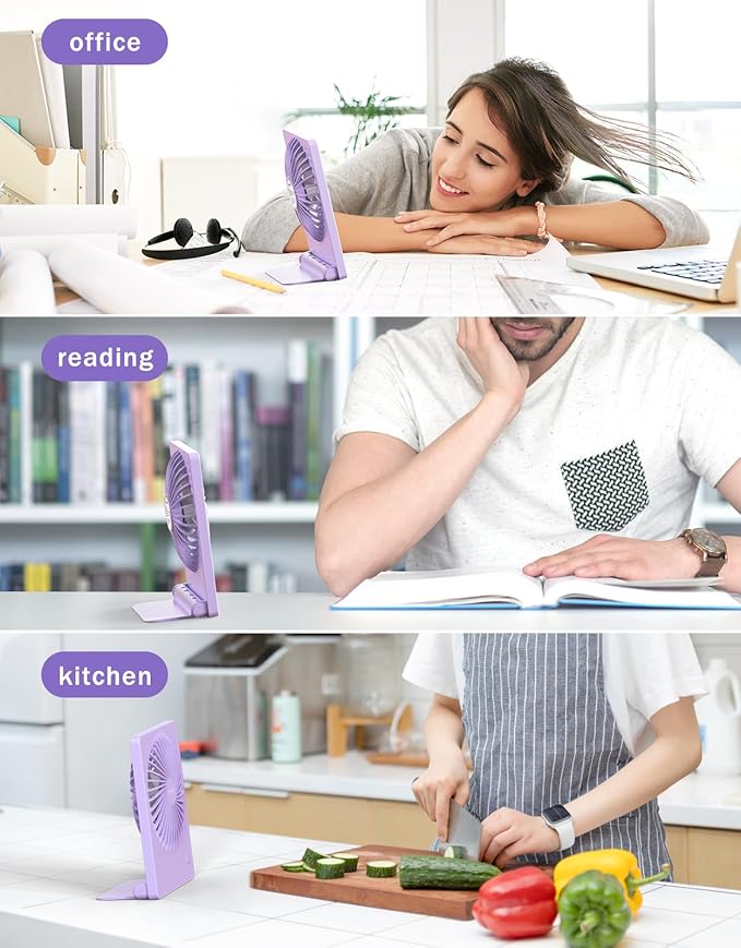 Zuvas Desk Fan Battery Operated Fan Rechargeable 180°Tilt Folding Personal Fan Ultra Quiet Small Portable 3 Speed Adjustable Strong Wind Fan For Office Bedroom Home Desktop Camping (Light Purple)