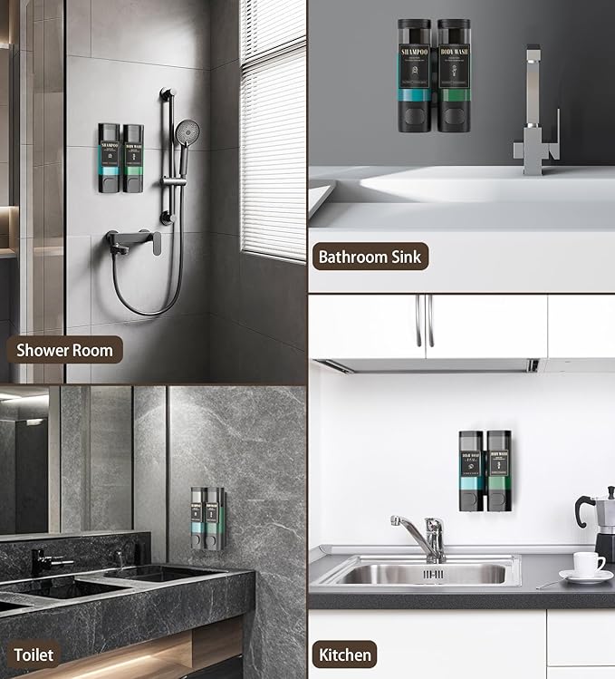 Luxspire Shampoo and Conditioner Dispenser, No Drill Wall Mounted Shower Soap Dispenser 2 Chamber with Waterproof Labels, Easy Refill Soap Dispenser for Bathroom Hotel Kitchen, Black