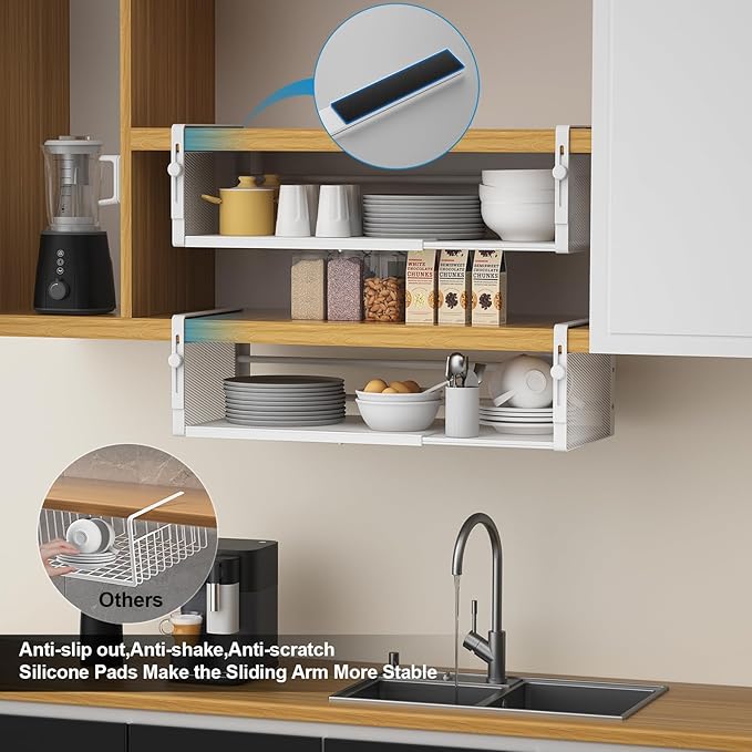 AmonHouseware 2Pack Under Shelf Basket, Adjustable Hanging Under Cabinet Shelf Storage, Hanging Holder Length Stretchable 14.9-22.6Inch for Kitchen Pantry Desk Counter Bookshelf Cupboard (White)