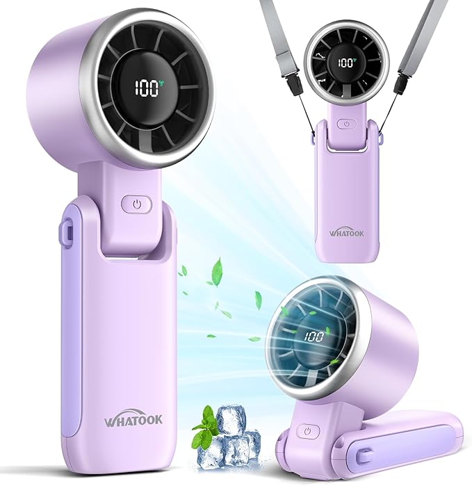WHATOOK Portable Handheld Turbo Fan:12m/s Strong Wind 15000RPM High Speed Mini Fan, 4000mAh Battery Rechargeable Personal Fan with LED Display, 3 in 1 Foldable Fan for Travel Office Shopping, (Purple)