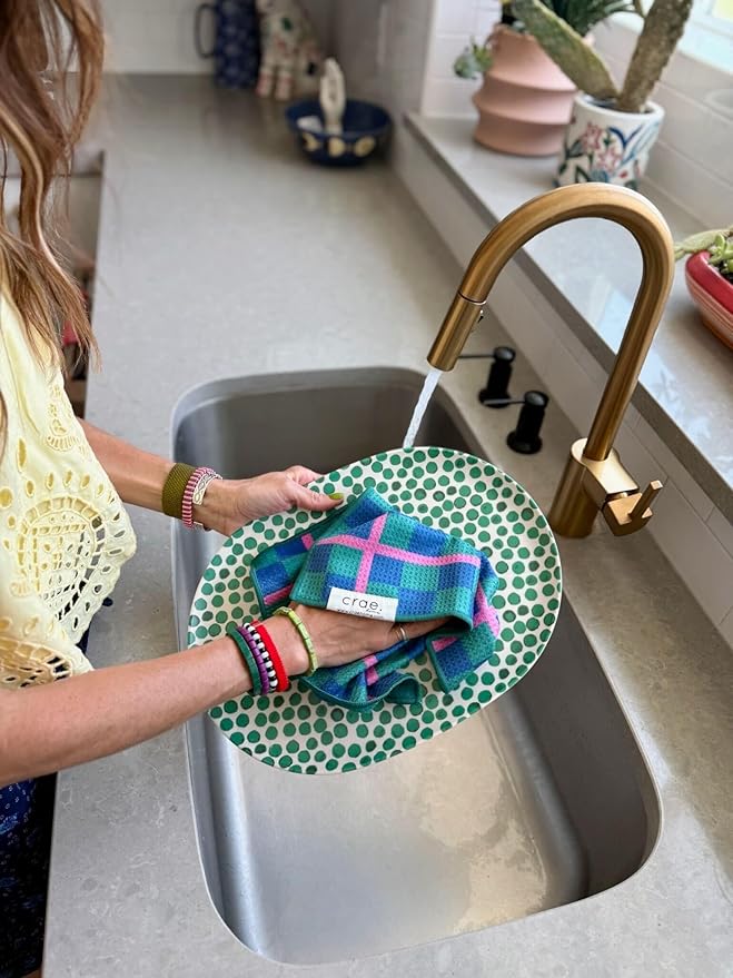 crae. Microfiber Hand Towel & Washcloth Set of 2 - Double-Sided, Waffle Weave, Super Absorbent, Lint-Free, Fast Drying -for Bathroom, Kitchen, Car, and Window Cleaning (Collins/Marine)