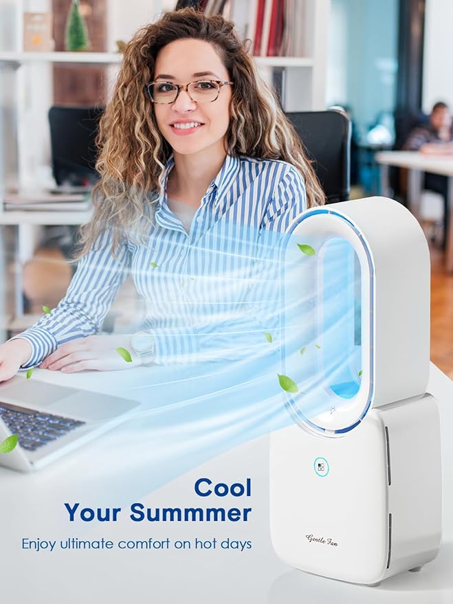 let'me Desk Fan, Portable Bladeless Fan 11.8 inch Small Personal Cooling Fan with 5 Colors Touch Control LED Light, Quiet Table Fan for Office, Home, Bedroom