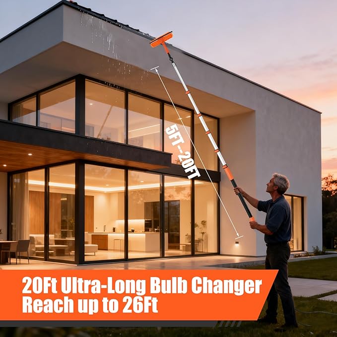 26FT Light Bulb Changer for High Ceilings with 5-20FT Heavy Duty Extension Pole,High Ceiling Fan Duster Extendable Reusable Cobweb,Feather