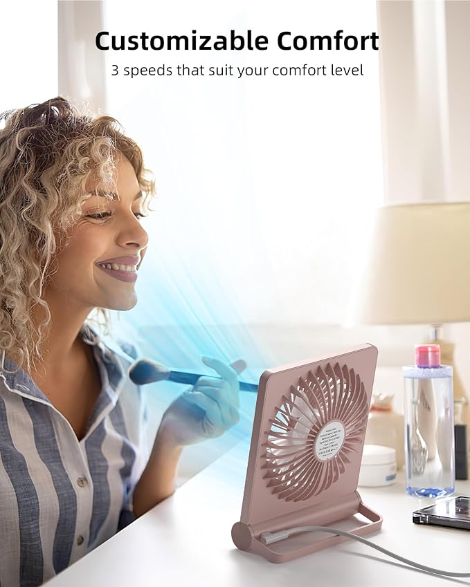Koonie USB Fan, Strong Wind Ultra Quiet Small Desk Fan 220° Tilt Folding 3 Speeds Adjustable USB-C Powered Personal Fan for Home Office Desktop, Pink, NO BATTERY