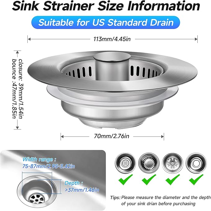 ULIOLI 3 in 1 Kitchen Sink Drain Strainer Sink Stopper, Stainless Steel Sink Drain Strainer with Anti-Clogging Basket, Kitchen Sink Drain Filter Plug for US Standard 3-1/2 Inch Drain (1Pack)