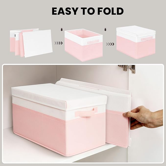 Large Closet Organizer Bins with Lids 8 Pack - Pink Storage Baskets for Shelves Nursery Bedroom Dorm RV