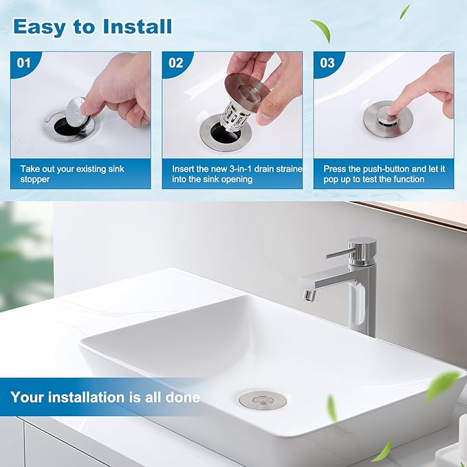 Hibbent 2 Pack Universal Bathroom Sink Drain Strainer, 3 in 1 Pop Up Stopper, Removable Stainless Steel Filter Basket, Brass Bullet Core