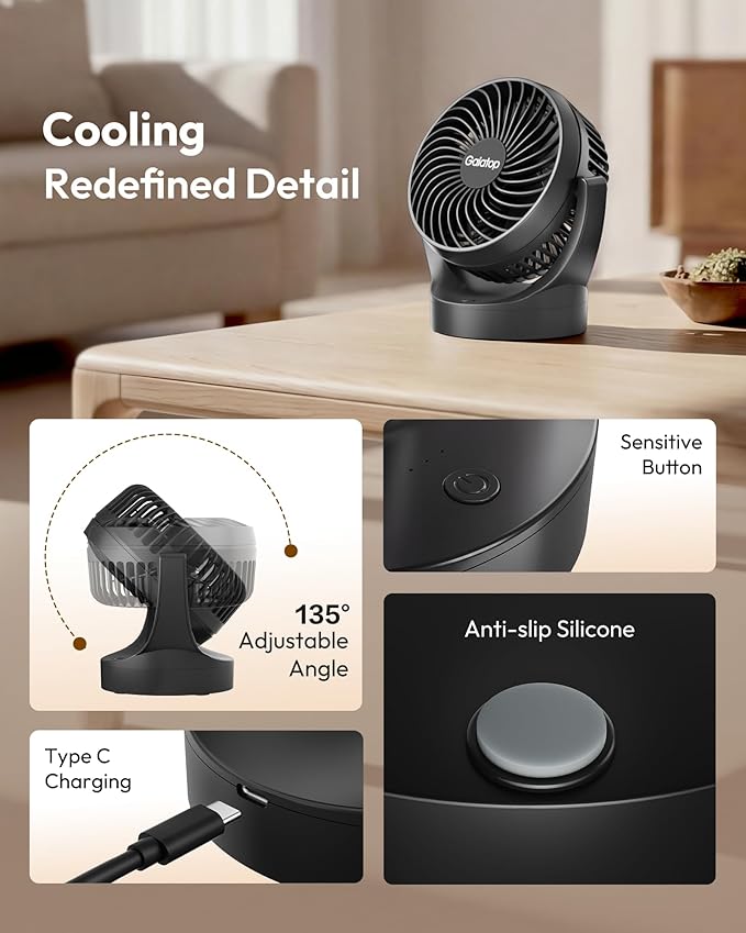 Gaiatop Portable Desk Fan, 3 Adjustable Speeds, Solid Black, Quiet Brushless Motor, 4000mAh Long-Lasting Battery, 135° Tilt Bedroom Fan for Home/Office/Outdoor (Black)