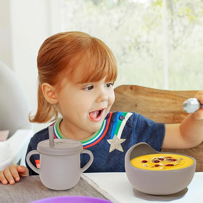 100% Silicone Baby Feeding Set, BPA Free, 9 Pcs: Suction Bowl, Divided Plate, Toddler Self Feeding Dish Set with Spoons, Forks, Sippy Cup, Bib, Beige