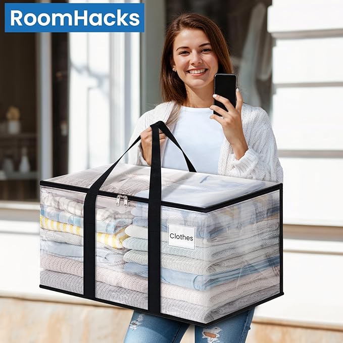 RoomHacks Clear Heavy Duty Extra Large Moving Bags, Reinforced Handle and Double Zipper Storage Bags, Packing Bags Alternative (8 Packs)