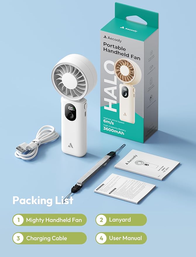 Aecooly Mighty Portable Handheld Fan | 20H Max Cooling Time | 3 Flexible Modes | 5 Speeds Wind | Battery Level Display | USB Rechargeable Mini Personal Battery Powered, Gifts for Women, Travel -White