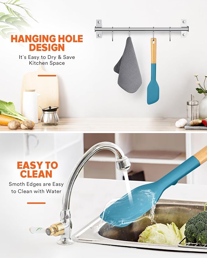 Silicone Everyday Spatula, Great For Stirring, Mixing And Scraping, Sturdy Bpa-Free Matte Silicone, Wooden Handle Rubber Scraper For Nonstick Cookwares (TURQ)