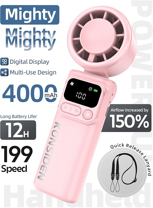 Portable Handheld Turbo Fan, 199 Stepless Speeds, 4000mAh USB Rechargeable, 12H Runtime, 2H Fast Charging, Smart Display, Emergency Flashlight, Personal Cooling Fan for Travel, Gym, Camping, Outdoors