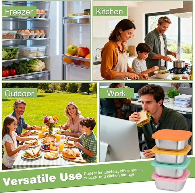 4 Pack Sandwich Containers: 30oz Stainless Steel Lunch Box with Silicone Lids